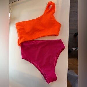 Orange and Pink One-Shoulder Bikini Set